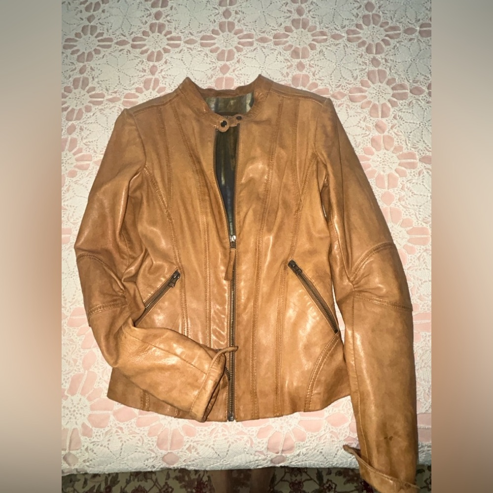 Danier Tan Leather Jacket with Vibrant Lining
